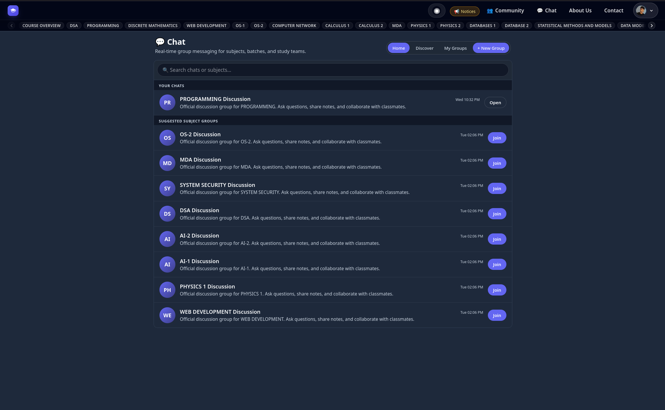 A chat interface listing various subject-based discussion groups such as Programming, OS, AI, and Physics, with options to join or open conversations.