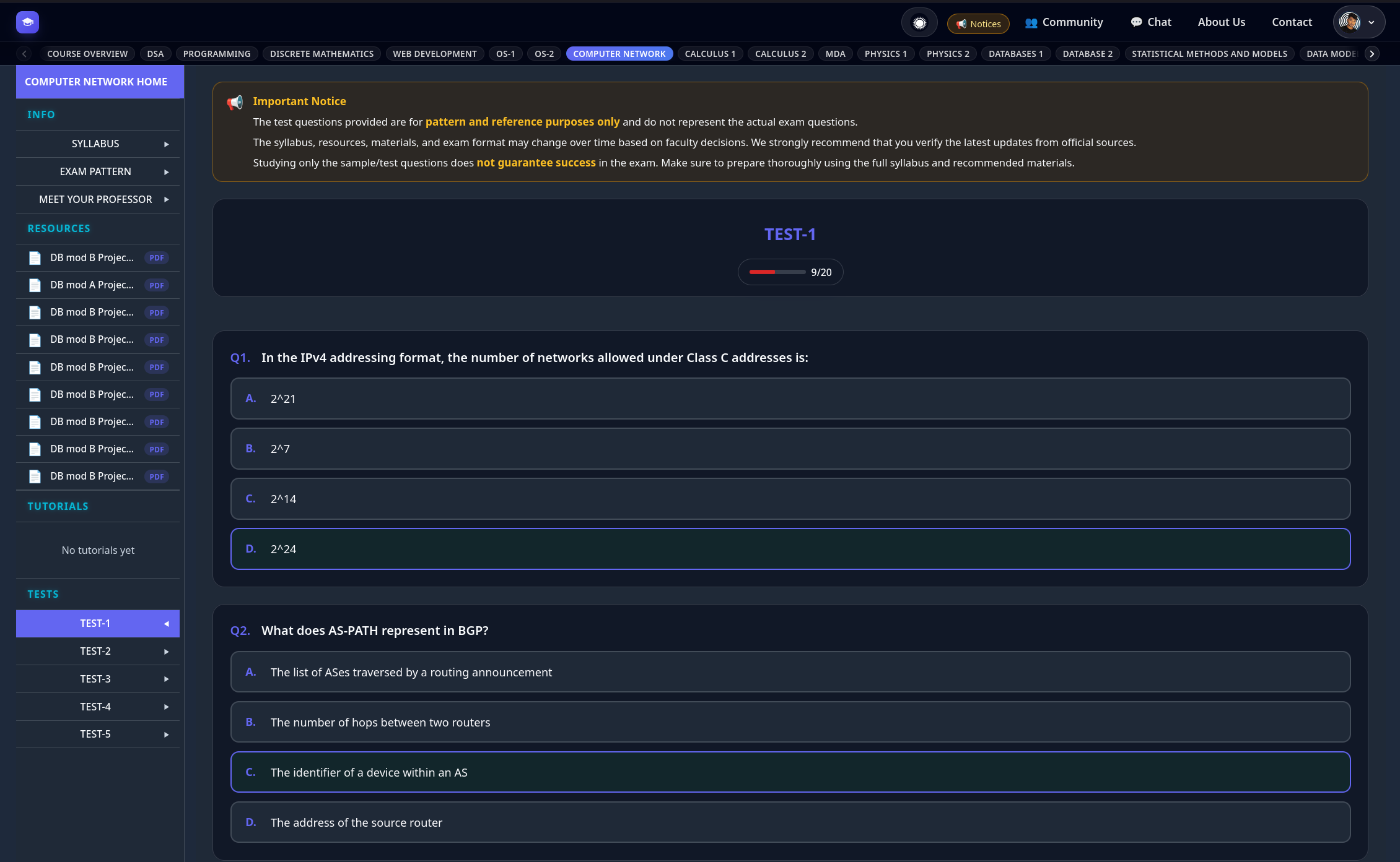 A test page where users can answer multiple-choice questions, select options, and see their progress during the assessment.