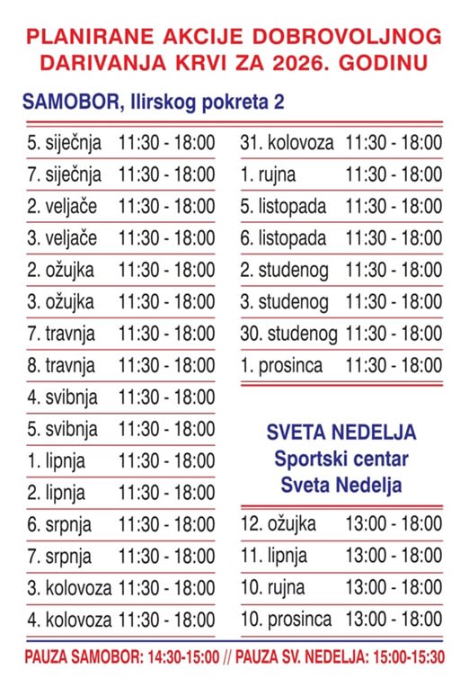Akcija dobrovoljnog darivanja krvi – Samobor – 06. 10. 2026.