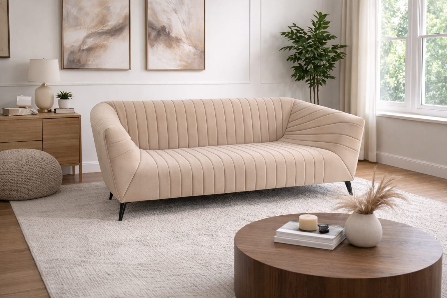 Custom sofa in Jodhpur - Beige curved sofa with channel tufting