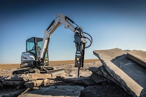 Bobcat e35 Compact (Mini) Excavator Breaking Concrete Slab With Nitrogen Breaker Attachment