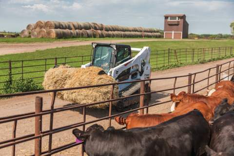 Bobcat T770 Compact Track Loader Carrying Hay in Bucket on Farm