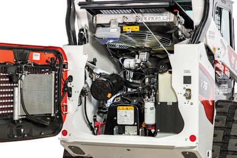 A Bobcat S76 Skid-Steer Loader With Tailgate Open, Revealing the Engine Compartment