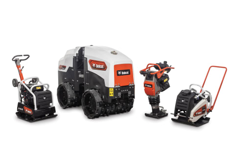 The Bobcat Light Compaction machines lineup in North America, left to right is reversible plate compactor, trench roller, rammer and forward plate compactor.