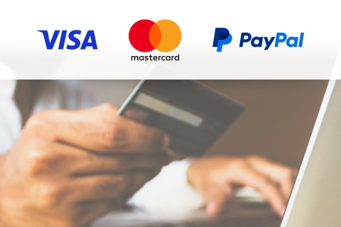 Visa logo, Mastercard logo, PayPal logo