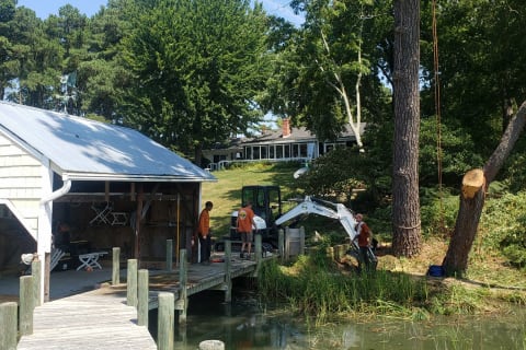 Crew members of Simpson’s Tree Service clearing debris near a shoreline.