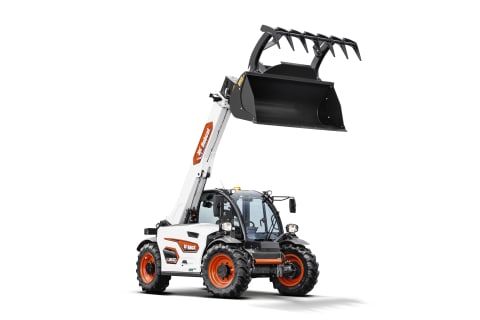 A Bobcat Telehandler with the Bucket Grapple attachment and outstretched boom arm.