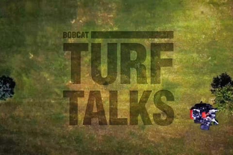 Bobcat Turf Talks Logo with Bobcat Zero-Turn Mower driving away from mowing “Bobcat Turf Talks” into the grass.