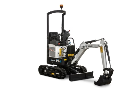 Studio image of a Bobcat E10e Electric compact excavator