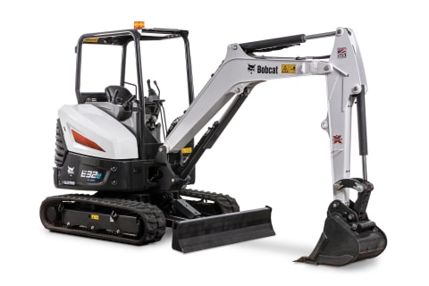 Studio image of a Bobcat E32e battery electric compact excavator.