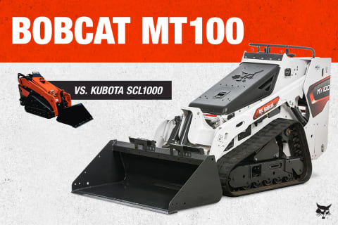 A Larger Image of a Bobcat MT100 Mini Track Loader Shown Side by Side With a Smaller Image of a Kubota SCL1000 Stand-On Compact Loader. The Headline Reads: Bobcat MT100 Versus Kubota SCL1000.