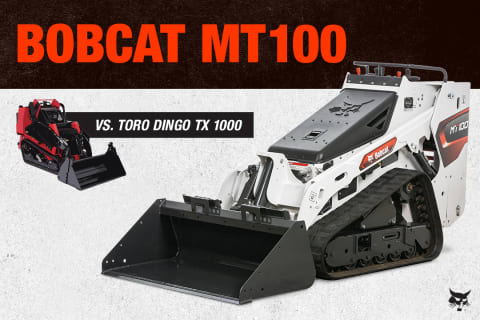 A Larger Image of a Bobcat MT100 Mini Track Loader Shown Side by Side With a Smaller Image of a Toro Dingo TX 1000. The Headline Reads: Bobcat MT100 Versus Toro Dingo TX 1000.