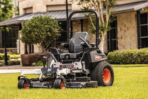 A Bobcat ZT7000 Mower in a Yard Outside a Commercial Business