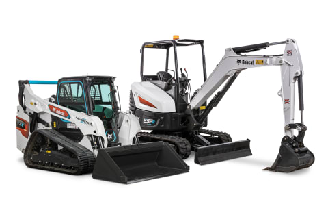Studio Image Of A Bobcat T7X Electric Compact Track Loader and Bobcat E32e Electric Compact Excavator