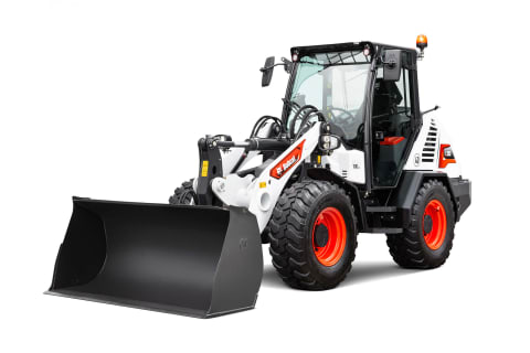 A front-left view of a Bobcat L95 Compact Wheel Loader with a General Purpose Bucket attachment.