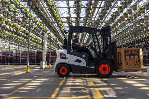 A Bobcat D25S-9 Forklift Carries a Pallet of Pumpkins Through a Gardening Center