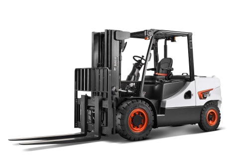 A studio image of the frontal view of the Bobcat D50C-5 Diesel Forklift