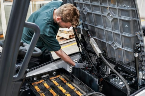 Operator Performs Service on a Bobcat B20T Plus Forklift