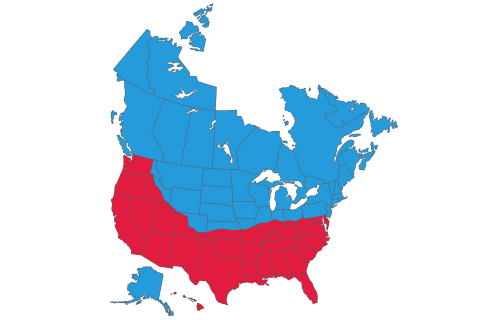A Map of the US and Canada – the Northern Half Is Blue, the Southern Half Is Red