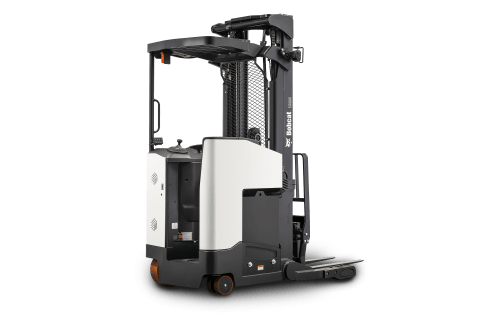 A Bobcat BR18SP-7 Plus Electric Narrow Aisle Forklift Against a Black Background