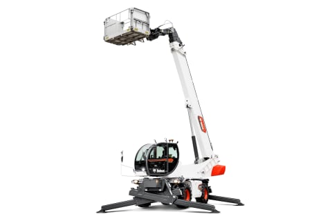 A studio shot of Bobcat's TR60.260 Rotary Telehandler and its extended boom holding a man platform.