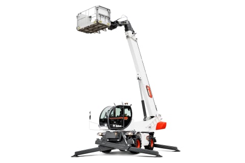 Foto del telescopico rotativo TR60.260 Bobcat con braccio esteso mentre sorregge una piattaforma.