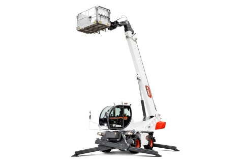 A studio shot of Bobcat's TR60.220 Rotary Telehandler with its extended boom holding a man platform.