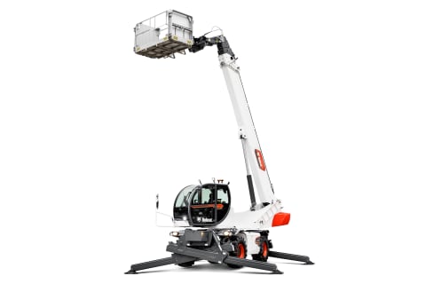 A studio shot of Bobcat's TR80.390 Rotary Telehandler with its extended boom holding a man platform.