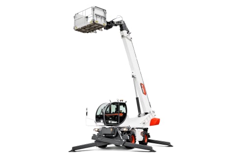 A studio shot of Bobcat's TR80.270 Rotary Telehandler with its extended boom holding a man platform.