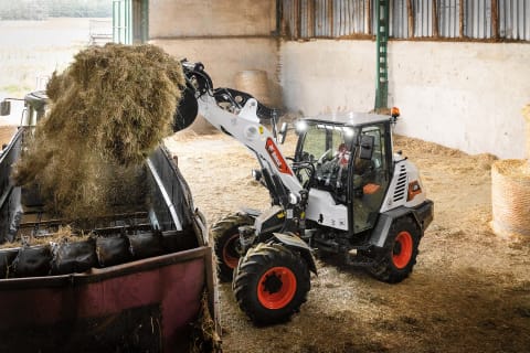 An action shot of Bobcat's L95 compact wheel loader transporting straw inside a barn.