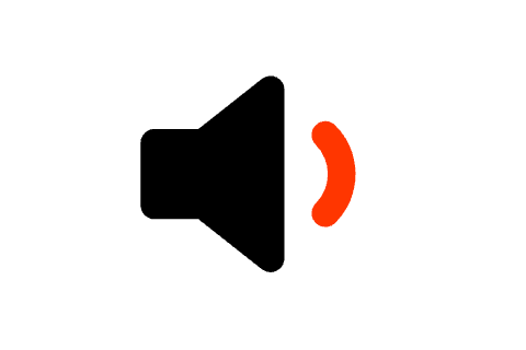 A black and red icon illustrating low volume with a speaker with only one sound bar.