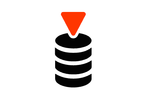 Een zwart/rood pictogram dat voor lage bedrijfskosten staat, met een pijl omlaag die naar een cilinder wijst.
