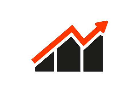 Een zwart/rood pictogram dat voor krachtige prestaties staat, met een pijl omhoog die de glooiing van een heuvel volgt.