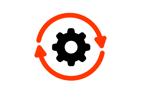 Un icono negro y rojo que ilustra un flujo de trabajo optimizado con una rueda dentada en medio de dos flechas giratorias.