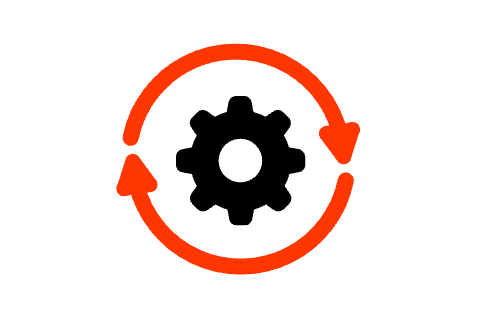 Een zwart/rood pictogram dat voor een geoptimaliseerde workflow staat, met een tandwiel in het midden van twee draaiende pijlen.