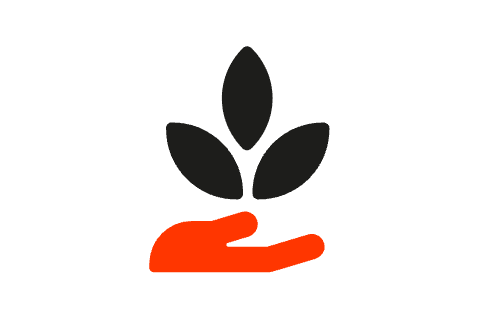 Een zwart/rood pictogram dat voor ‘Emissievrij’ staat met een hand die drie blaadjes vast heeft