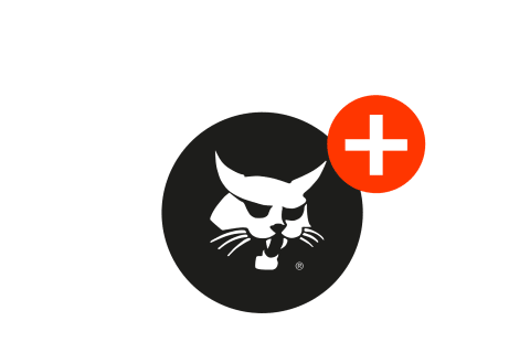 Icono en blanco y negro del logotipo Bobcat con un signo más blanco dentro de un círculo rojo.