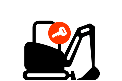 A black and white icon featuring a Bobcat excavator with a white key symbol inside a red circle.