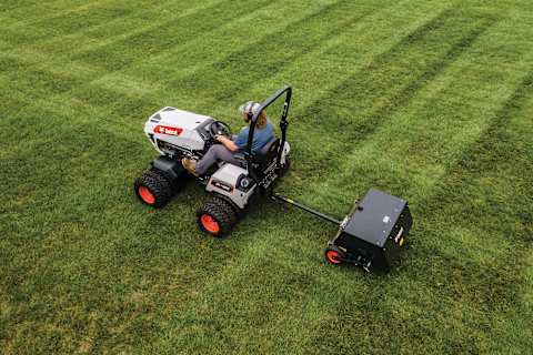 Bird’s-Eye View of an AT450 Tractor Towing an AE36 Aerator 