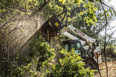 A Bobcat T86 Compact Track Loader Punches Into a Tree With The Drum Mulcher Attachment