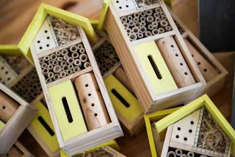 A close-up shot of birdhouses created during Bobcat's 2024 Earth Day Challenge.