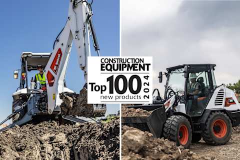 The Bobcat B760 backhoe loader and the Bobcat L95 compact wheel loader pictured side by side with the Construction Equipment Top 100 New Products of 2024 logo. 