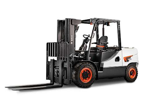 A studio image of the frontal view of the Bobcat D50C-5 Diesel Forklift.