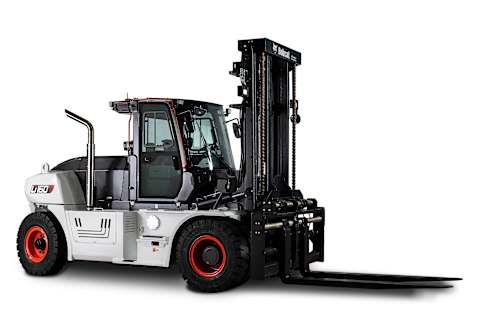 A studio image of the frontal view of the Bobcat D160S-9 Diesel Forklift.