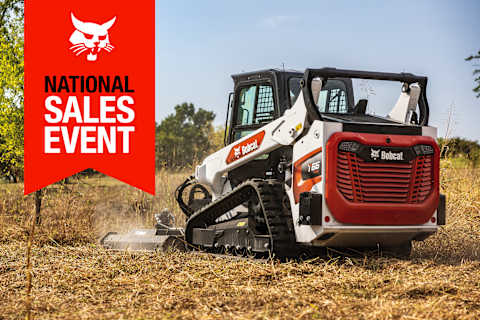 A Bobcat T66 Compact Track Loader Works With a Brushcat Rotary Cutter Attachment; a Banner With the Text “National Sales Event” Is on the Upper Left-Hand Corner