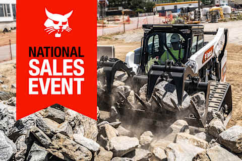 A Bobcat Compact Track Loader Moves Rocks Using an Industrial Grapple Attachment; a Banner With the Bobcat Logo and “National Sales Event” Is Shown