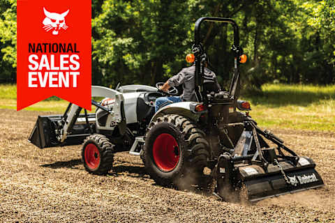 A Bobcat CT2025 Compact Tractor Uses a 3-Point Tiller Implement