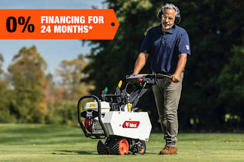 An Operator Uses a Bobcat Sod Cutter on a Golf Course Green; A 0% Financing Banner Is in the Top-Left Corner