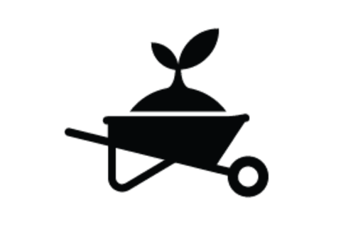 Black Icon of a Wheelbarrow With a Sprouting Plant Inside