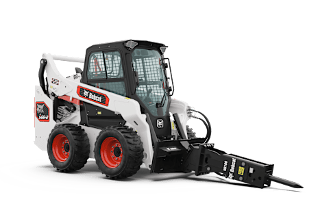 A Bobcat Pro S66-2 Skid-Steer Loader Equipped With a Breaker Attachment Positioned on a Clean White Background